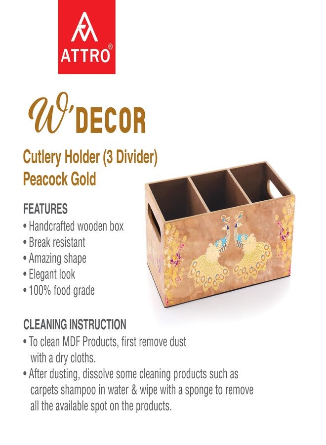 Attro Peacock Gold Designer Wooden 3 Compartments Cutlery Holder, Organizer Stand, Multipurpose Stand, Spoon Holder, Standard - Image 3